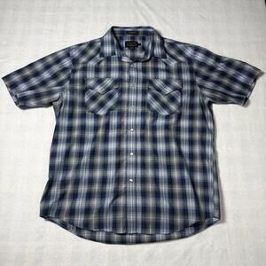 Pendleton Frontier Western Shirt Mens Blue Plaid Pearl Snap Up Large EUC